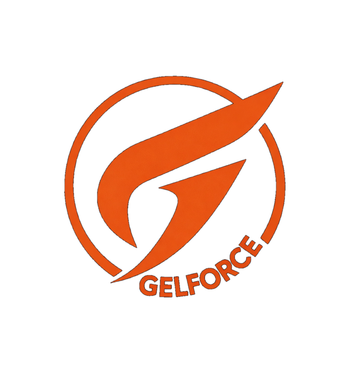 Orange "G" logo with a circular border and the text "GELFORCE" beneath it on a black background.