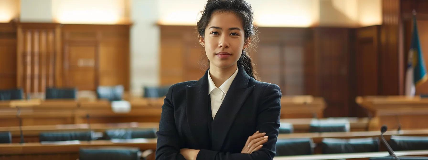 a focused divorce lawyer stands confidently in a modern courtroom, surrounded by neatly organized legal documents and a judge's bench, conveying the urgency and professionalism required to expedite the divorce process.