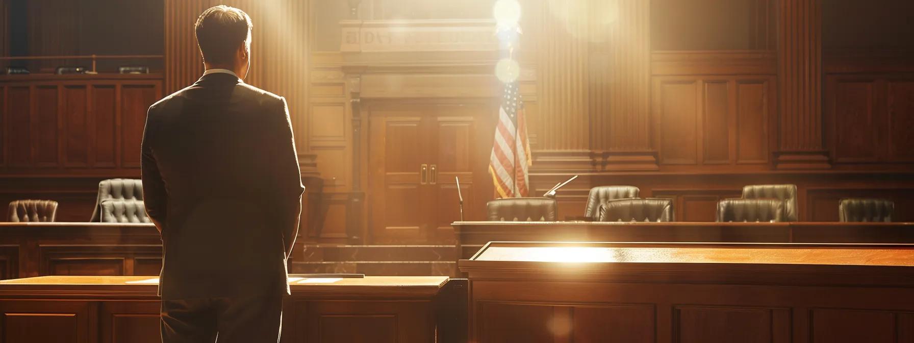 a determined lawyer stands confidently at a sleek courtroom podium, addressing a stern judge under bright, focused lighting, as legal documents and a suspended driver's license application rest prominently nearby, symbolizing the complexities of the reinstatement process.
