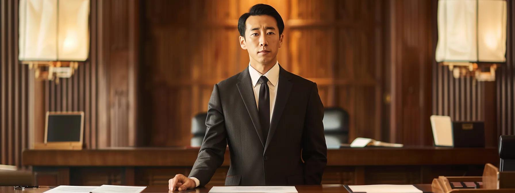 a serious lawyer stands at a sleek wooden table in a modern courtroom, analyzing various legal documents and case files, with a determined expression under the soft glow of overhead lights.