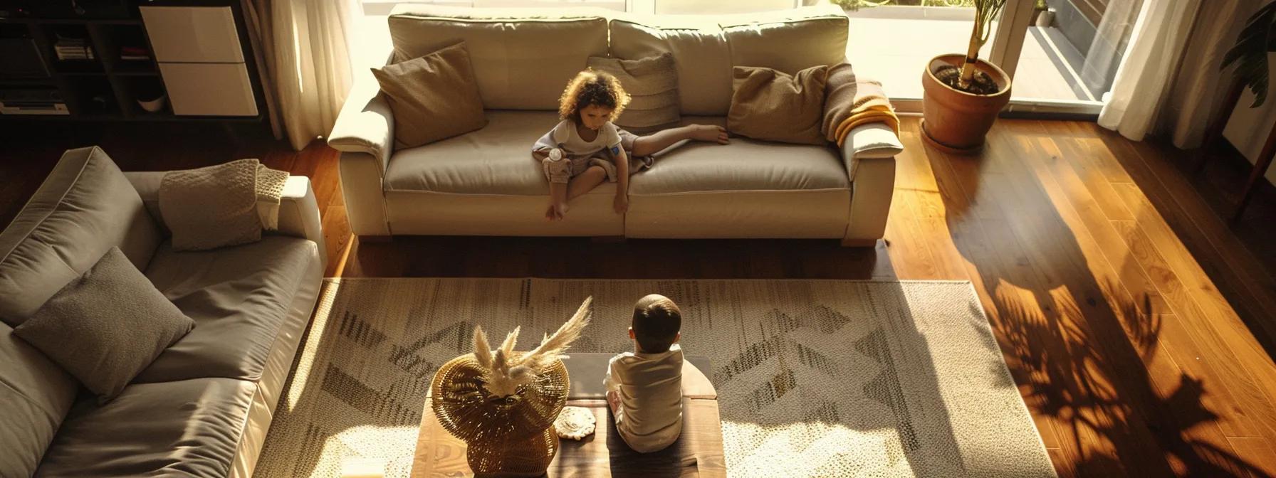 a warm and inviting family living room, featuring two comfortable sofas facing each other, with a joyful child playing in the center, symbolizing the harmonious balance and shared joy of shared custody arrangements for families.