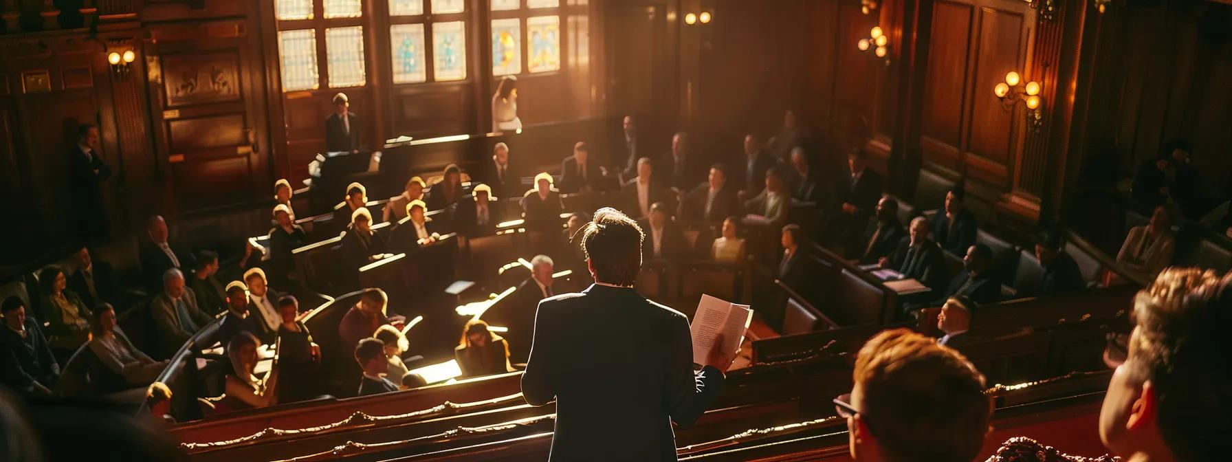 a dynamic courtroom scene captures a focused lawyer delivering a compelling argument to a poised judge, with the tense atmosphere of a divorce trial evident in the attentive audience and formal decor.