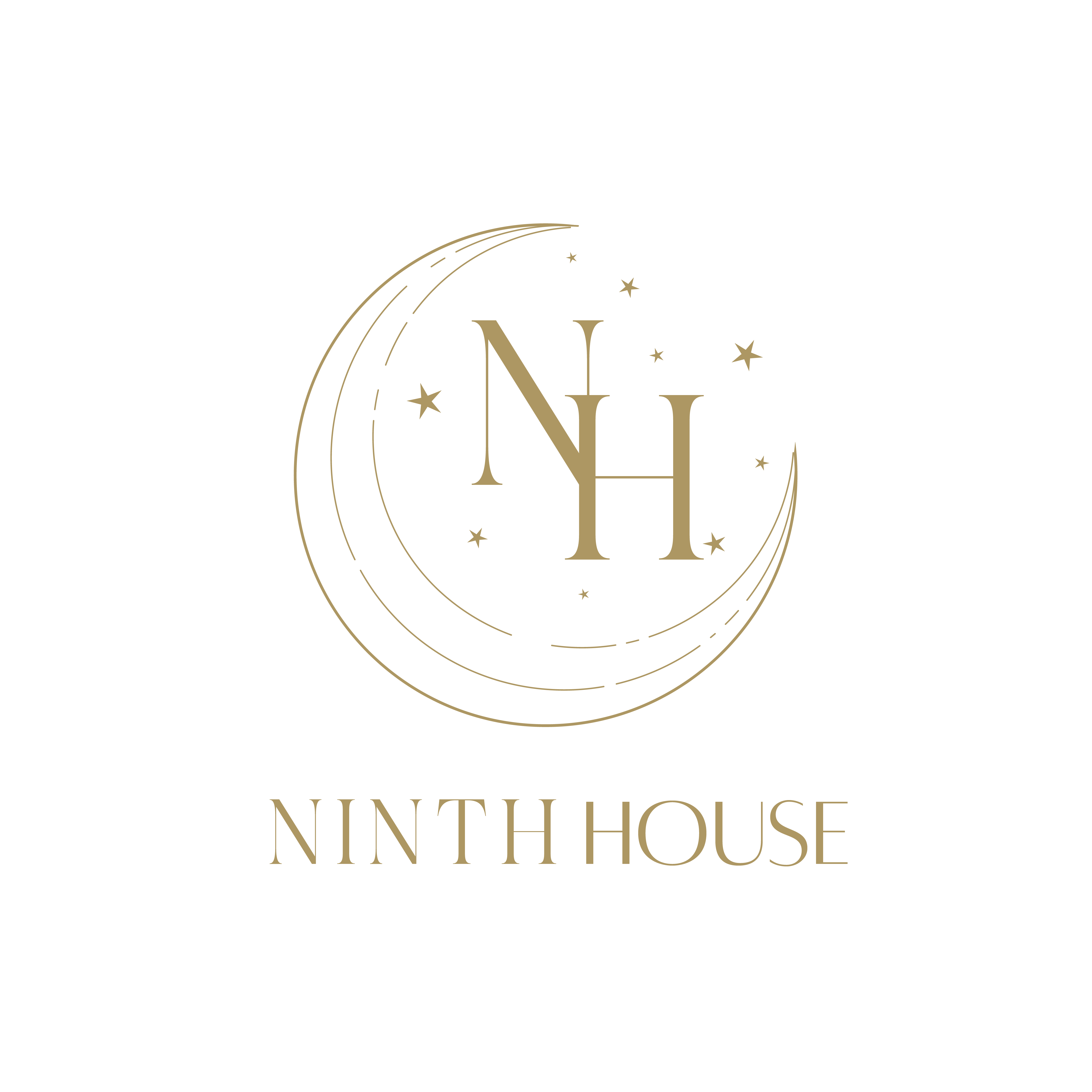Logo of Ninth House featuring a yellow moon surrounded by stars on a dark background.