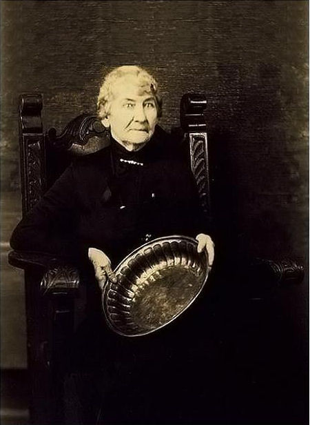 Photo of Josephine H. Ryan with the silver wash basin captured from General Santa Anna.