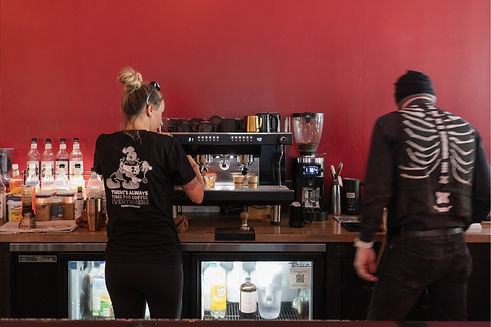 baristas pour boy coffee animation coffee specialty artisan bones skeleton style red espresso coffee