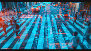 Pedestrians crossing a busy city street with digital data overlays illustrating AI-based crowd measurement systems used for monitoring safety at smart events.
