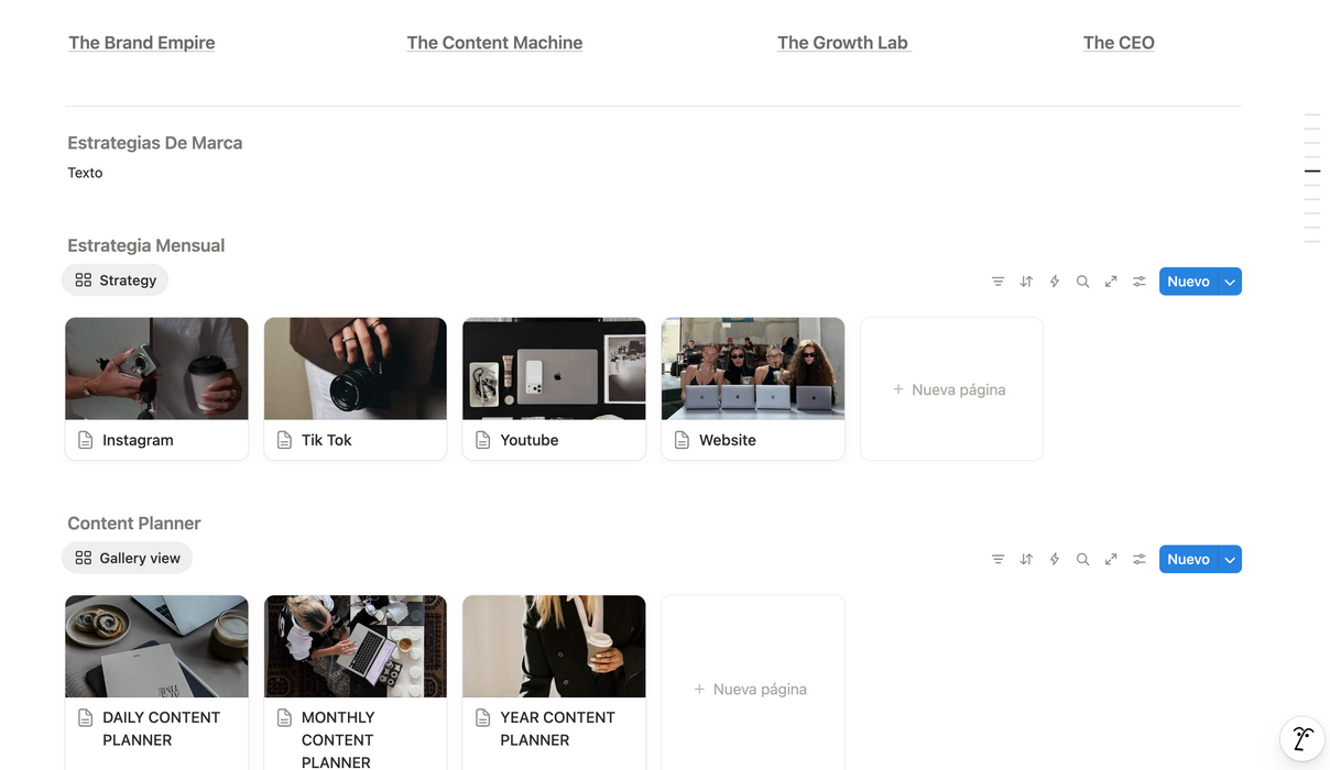 Sistema de planificación Notion con estrategias de marca y contenido.