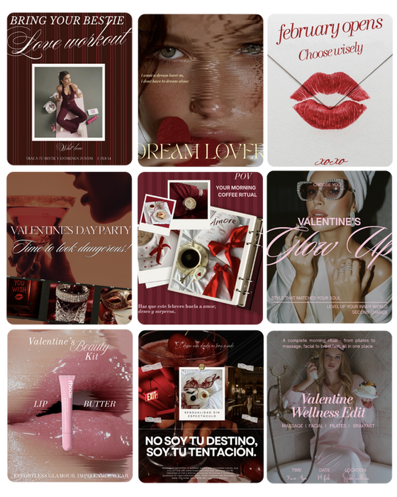 Collage de nueve publicaciones sobre el Día de San Valentín con tonos rojos y dorados