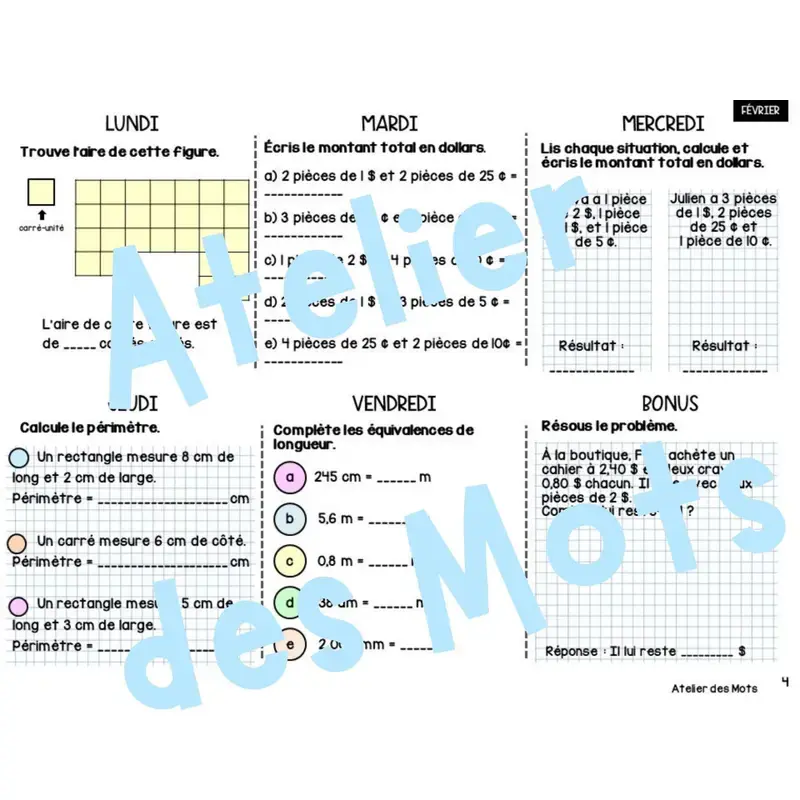 Miniature : Travail du matin Math 4e année – révision en spirale avec corrigés