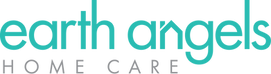 A logo for "earth angels HOME CARE." The words "earth angels" are in a light blue-green color.