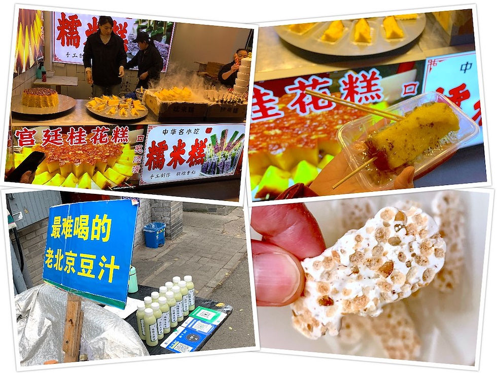 Nanluoguxiang / South Luogu Lane (南锣鼓巷): Imperial osmanthus cake (宫廷桂花糕), "bad-tasting" dou zhi (最难喝的老北京豆汁) and yam poria crisp (山药茯苓酥)