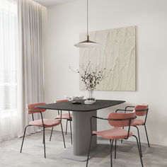 стол со столешницей под камень, розовые стулья в минималистичном стиле