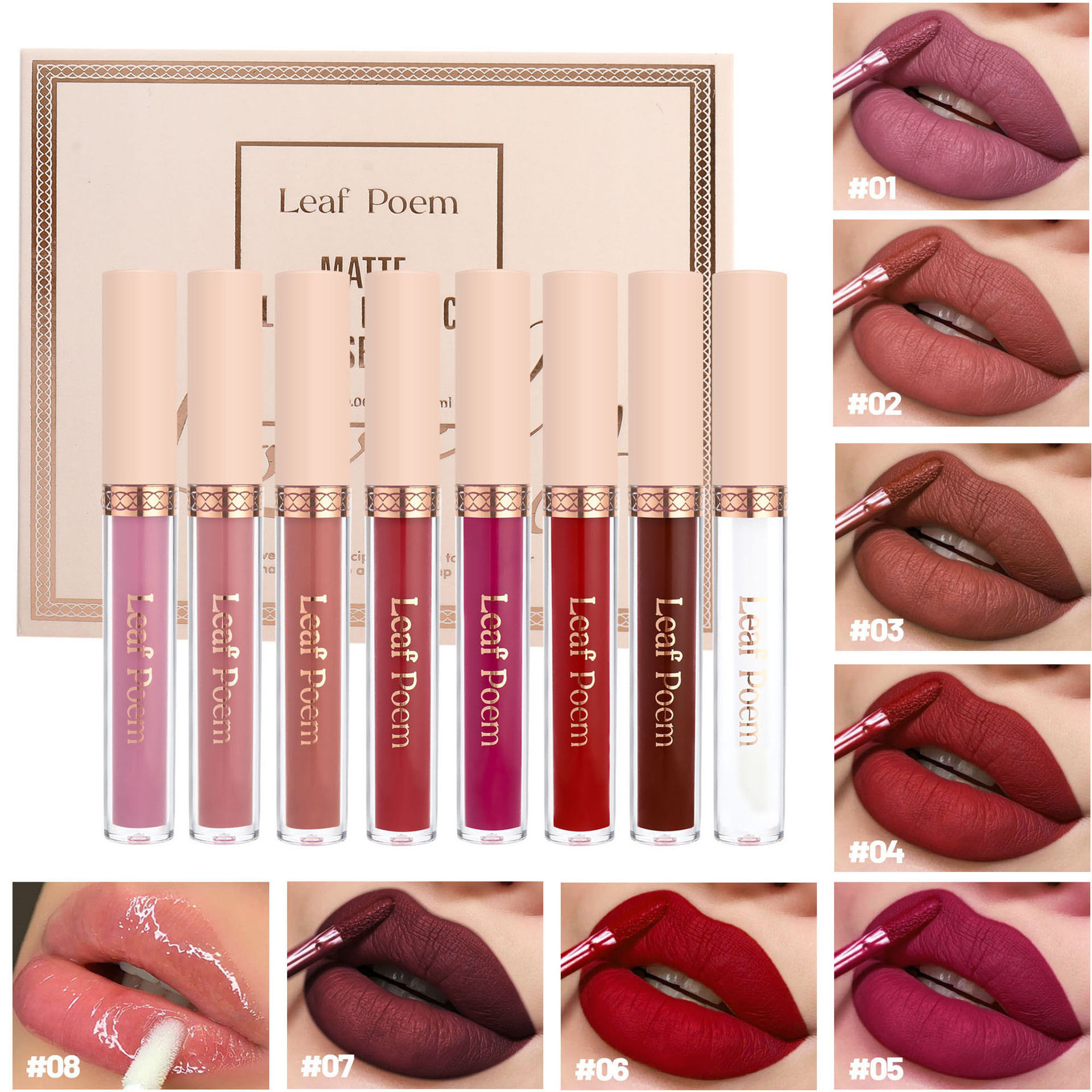Conjunto de 8 batons líquidos matte, brilho labial - à prova d'água, não gruda.