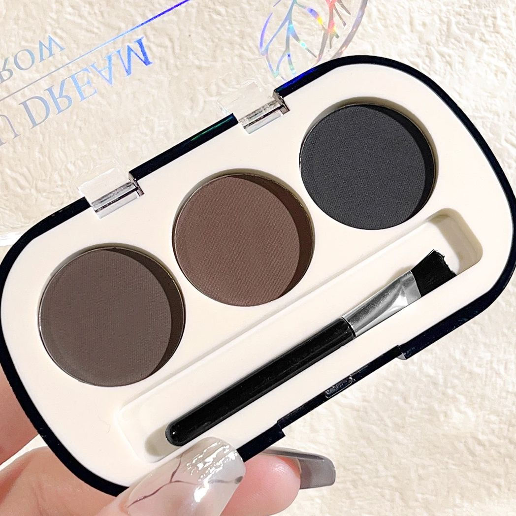 Paleta de pó para sobrancelhas com 3 cores e pincel para sobrancelhas.