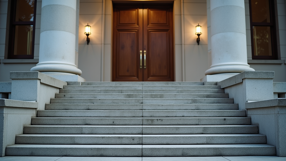 Eye-level view of a courthouse entrance with steps leading up