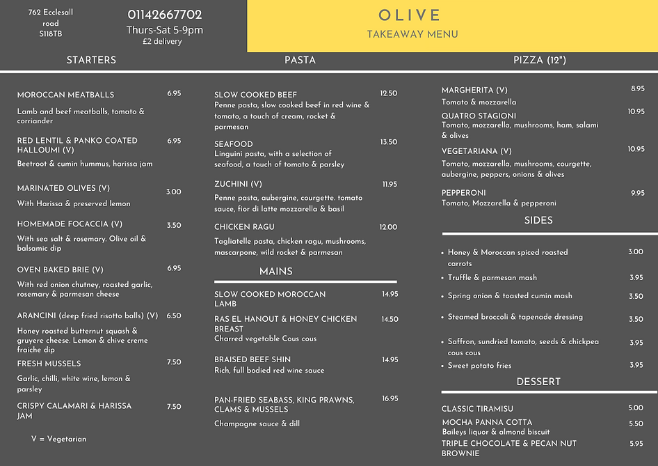 Olive takeaway menu