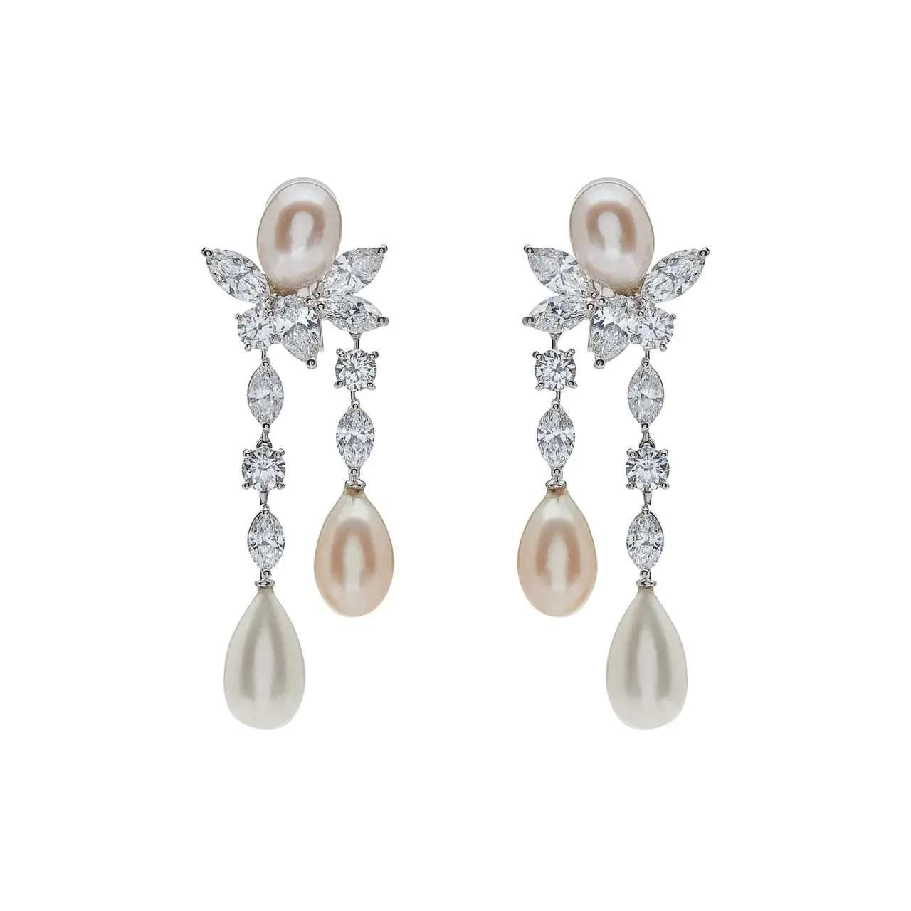 Graff Platinum and White Gold Diamond and Pearl Drop Earrings