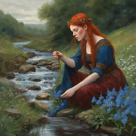 A red-haired Celtic queenpicking blue flowers beside a stream.jpg