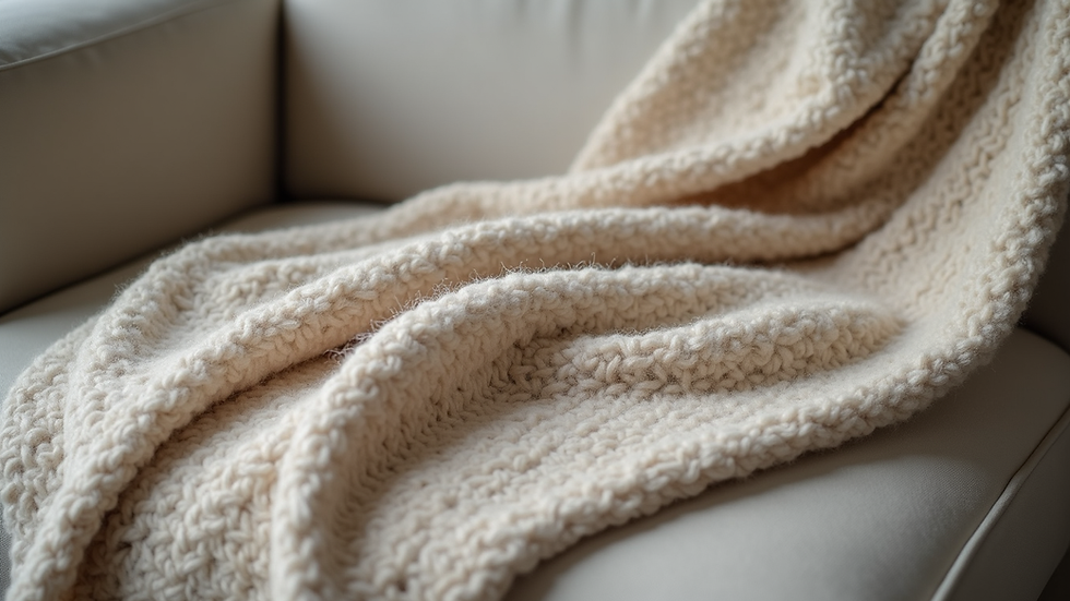 Close-up of a wool throw blanket draped over a neutral sofa