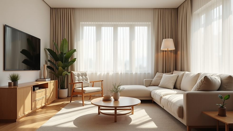Eye-level view of a living room with warm minimalist decor featuring neutral tones and natural wood furniture