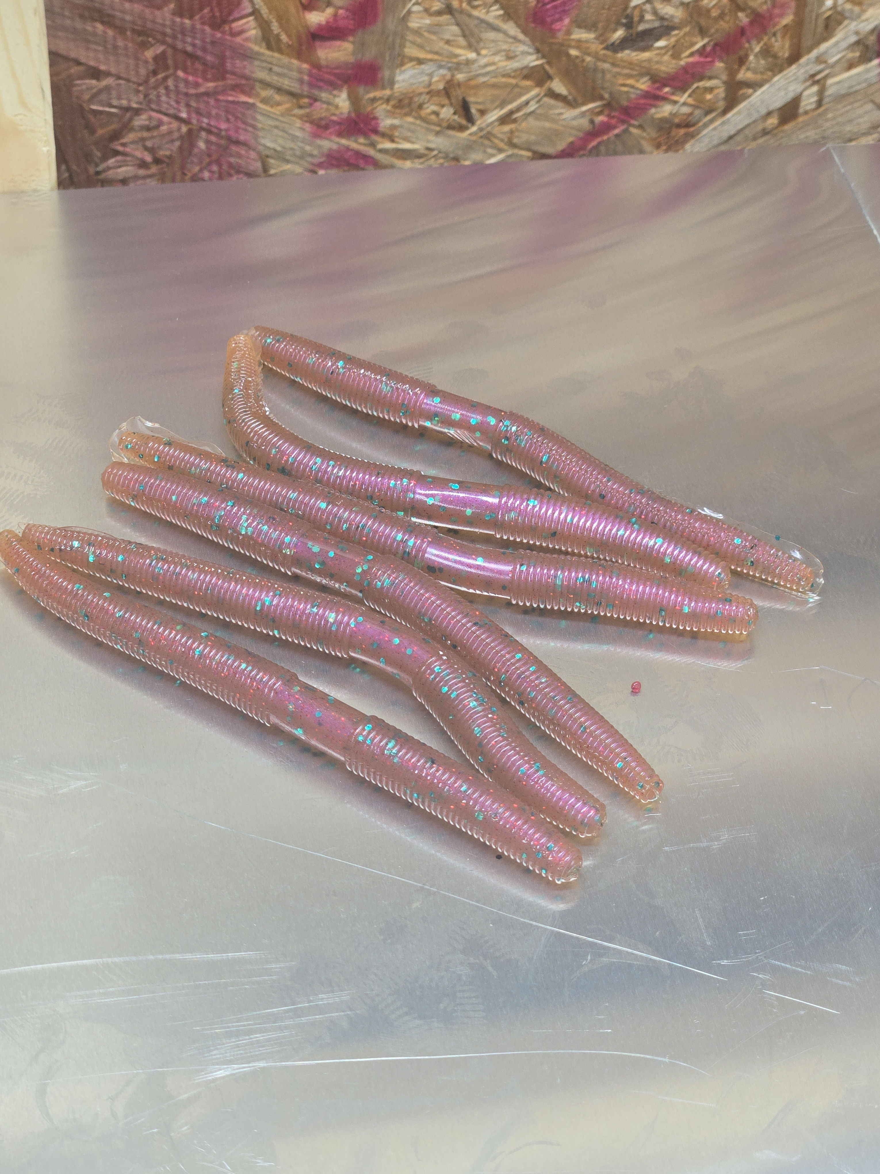 Pink iridescent soft plastic worms