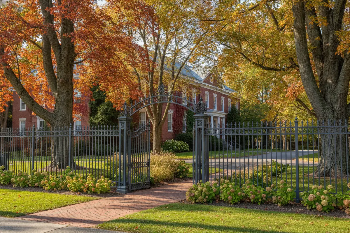 Dark aluminum fencing along a landscaped school entrance