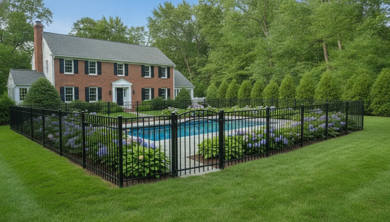 Black aluminum pool fence enclosing a New England residential pool
