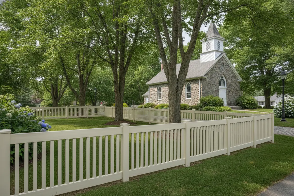 Light-colored vinyl fence defining an outdoor church program area