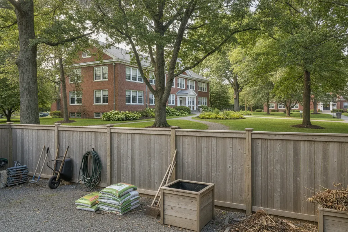 Wood privacy fencing screening a school service area