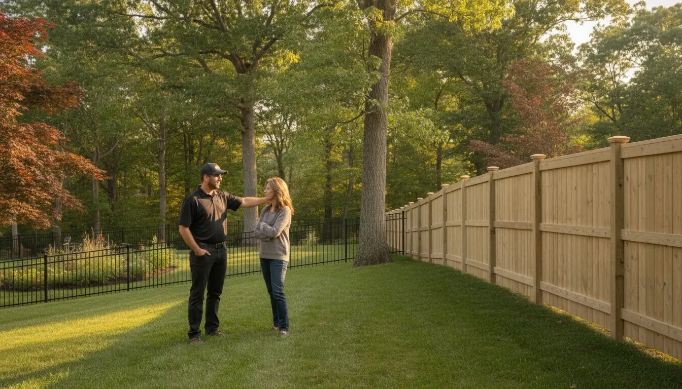 Fence professional and homeowner reviewing wood and aluminum privacy options in a New England yard
