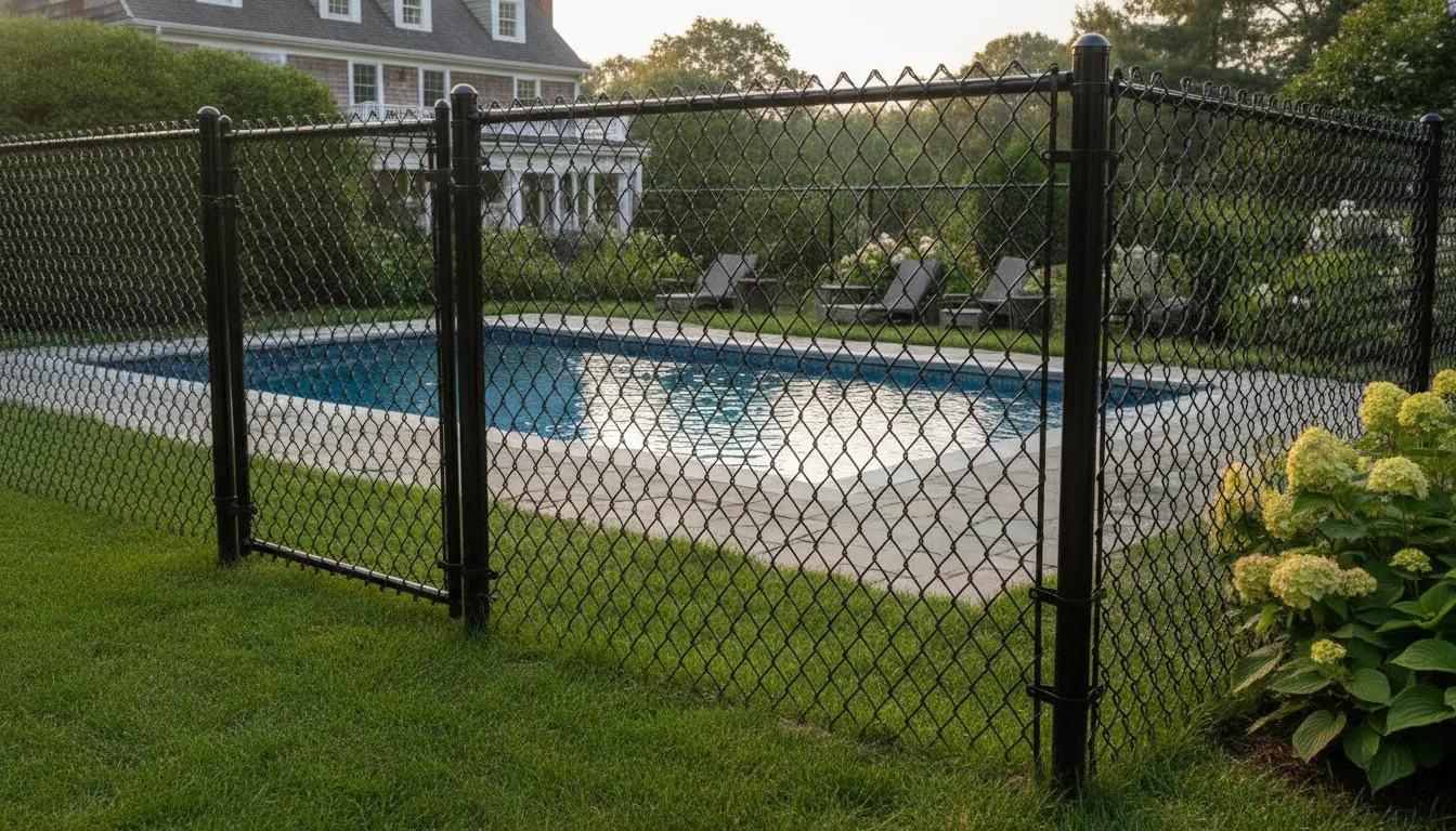 Black vinyl-coated chain-link pool enclosure at a Southern New Hampshire home