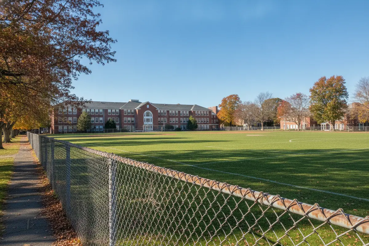 Open chain-link fencing defining a school athletic area