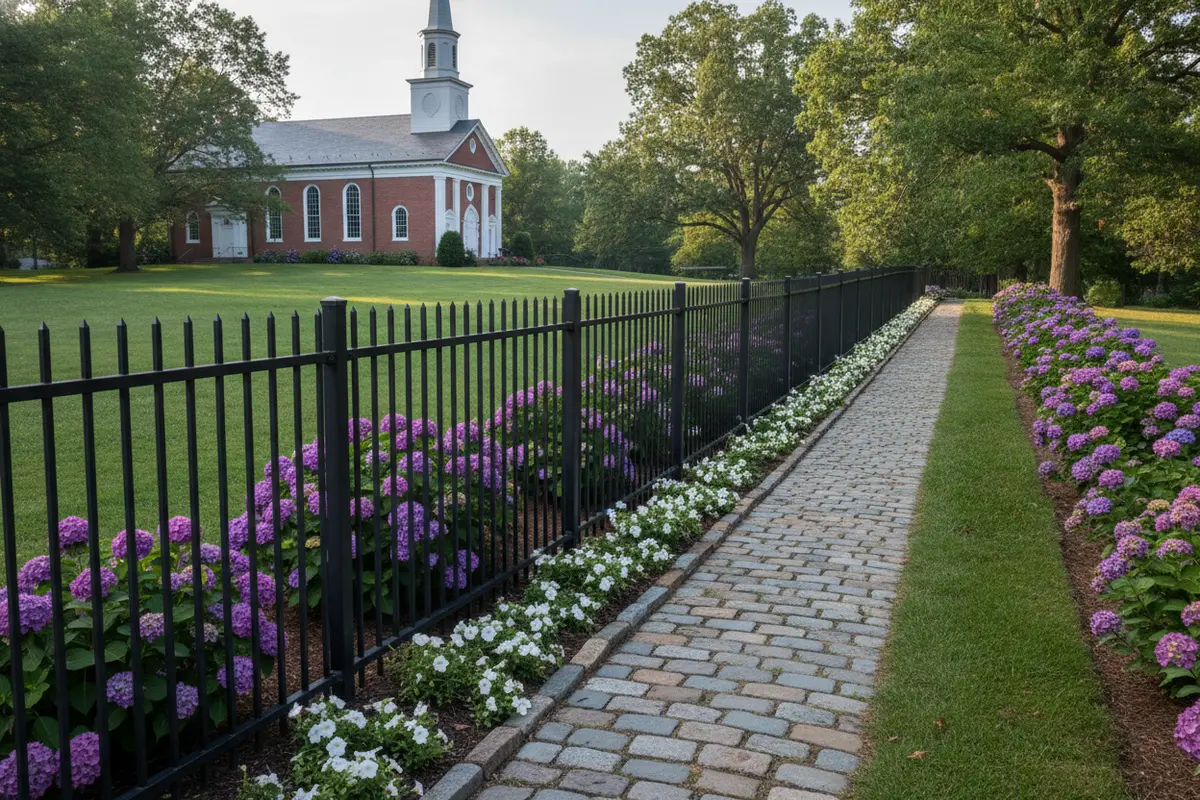 Dark aluminum fence with open sightlines along church grounds
