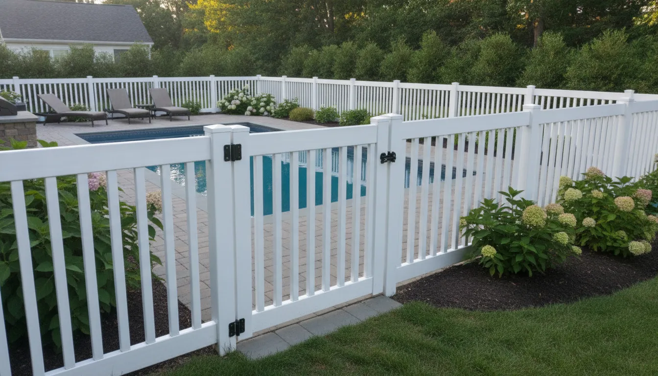 White vinyl pool enclosure beside a landscaped New England backyard