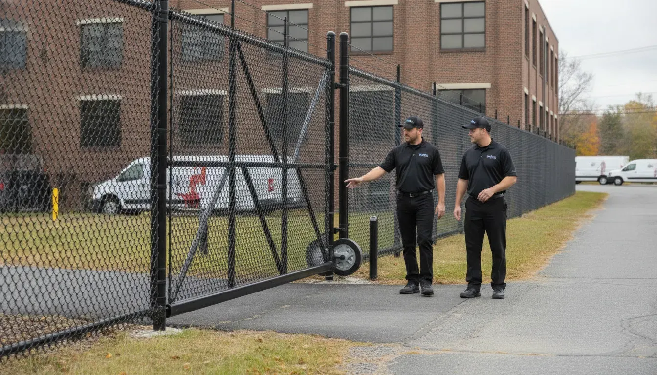 Northstar Fence & Rail field staff reviewing a commercial fence gate and perimeter at a Massachusetts business property