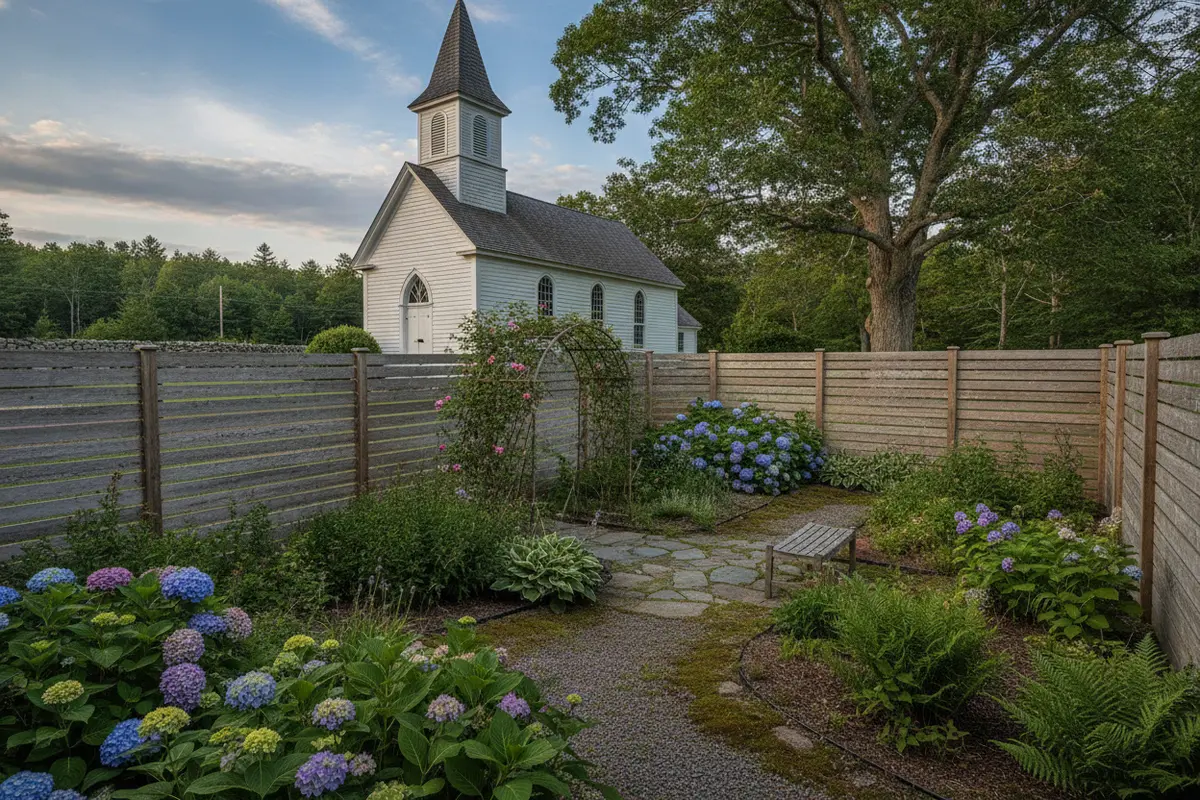 Wood fence screening a quiet garden area beside a New England church