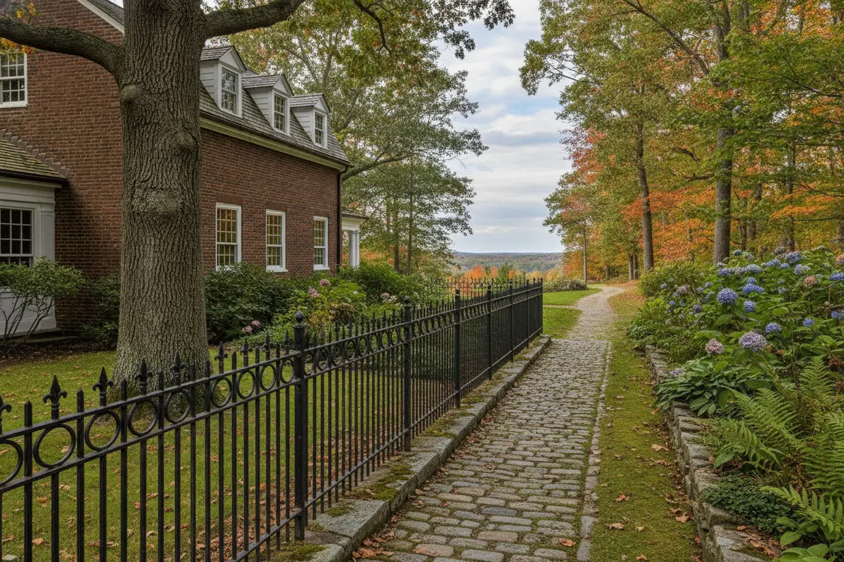 Simple ornamental metal fence beside a historic home and landscaped walkway