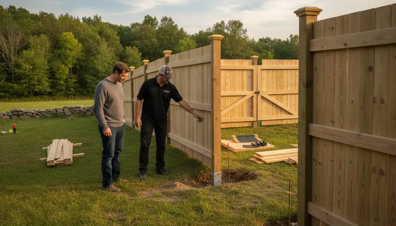Fence contractor and homeowner reviewing a wood privacy fence, gate, and property conditions in New England