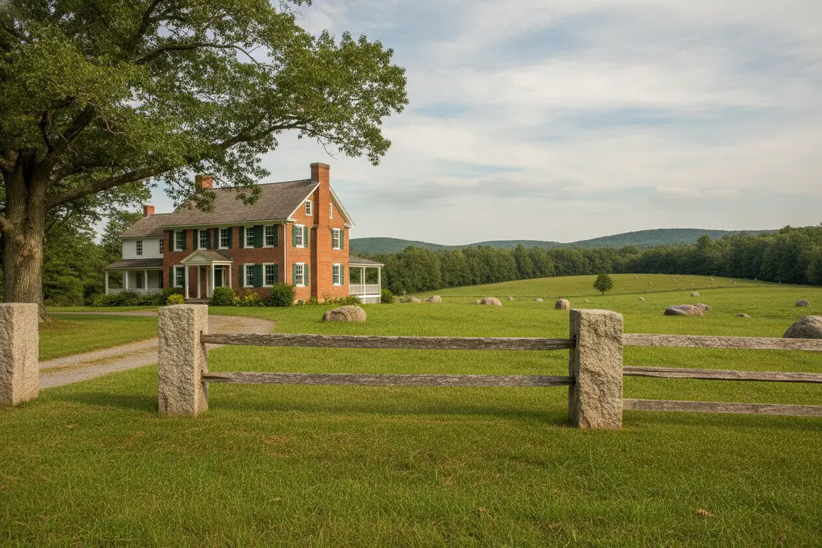 Wood rails between granite pillars along a spacious New England property