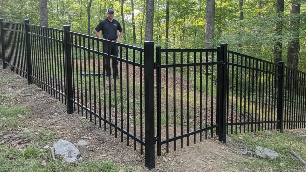 Aluminum fence posts and gate planned across a wooded New England slope