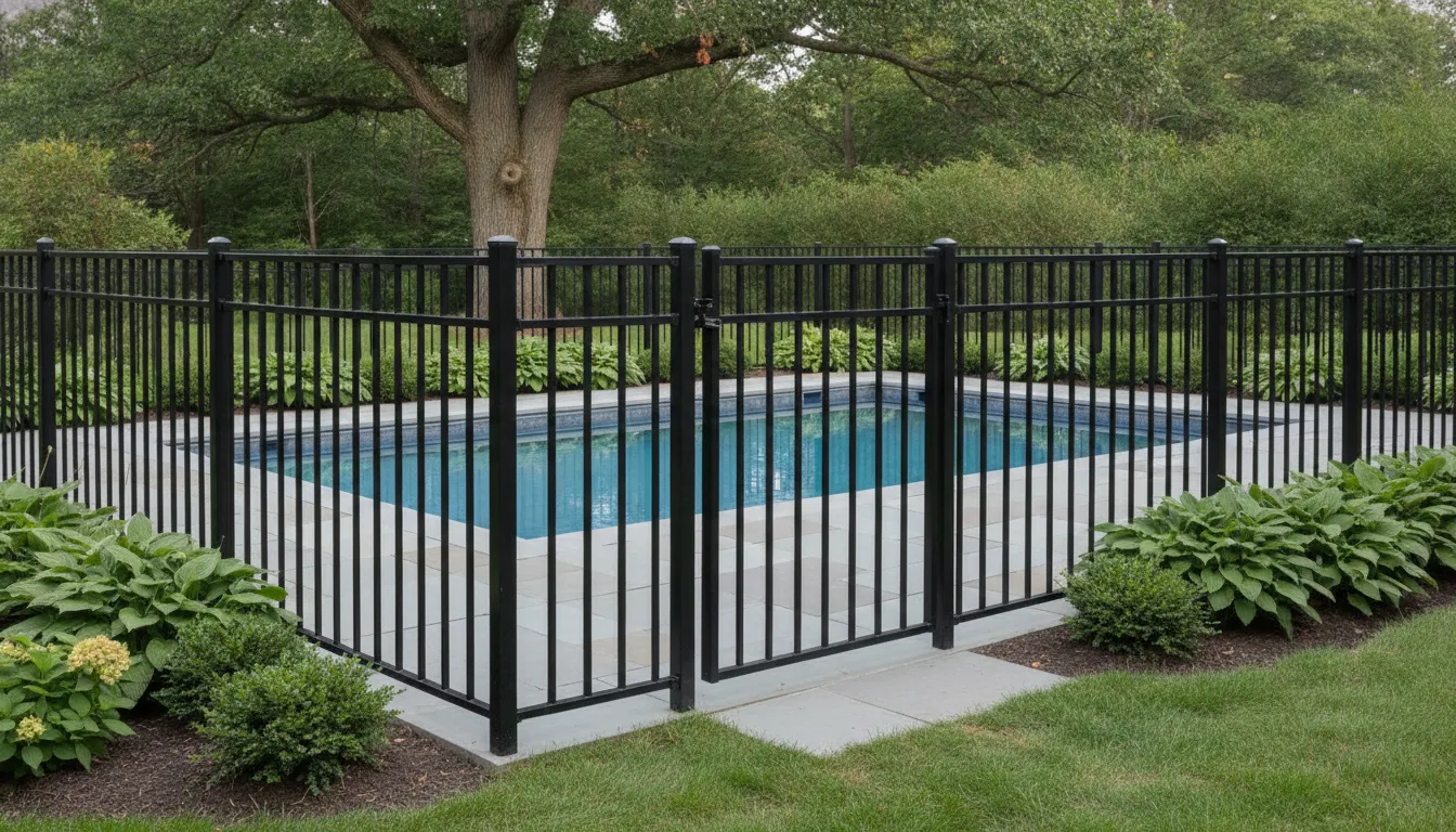 Aluminum pool fence with clear sightlines at a New England home