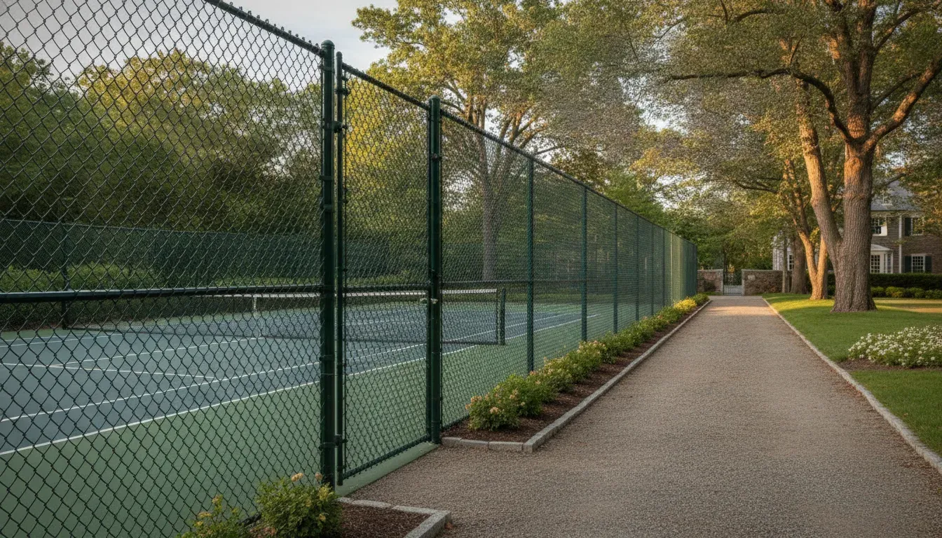 Tennis court fencing gate beside a clear maintenance path at a New England property