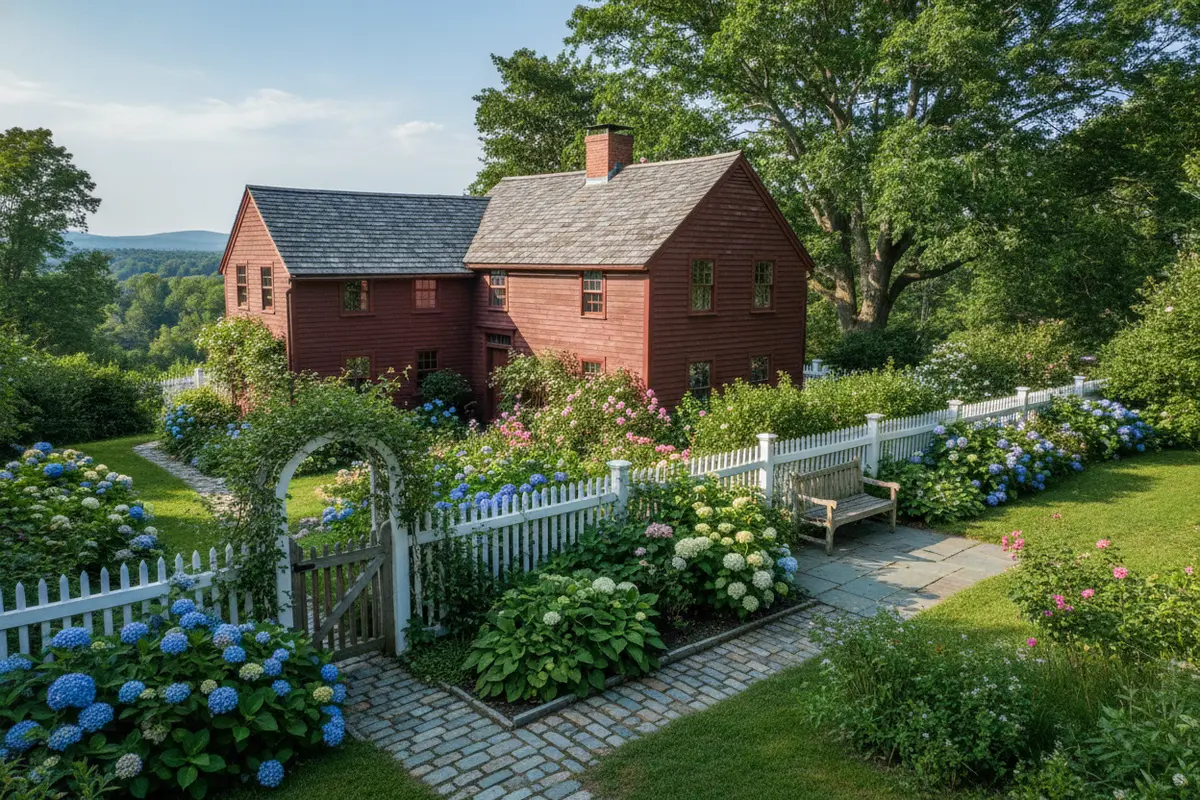 Painted wood picket fence along the garden of a historic New England home