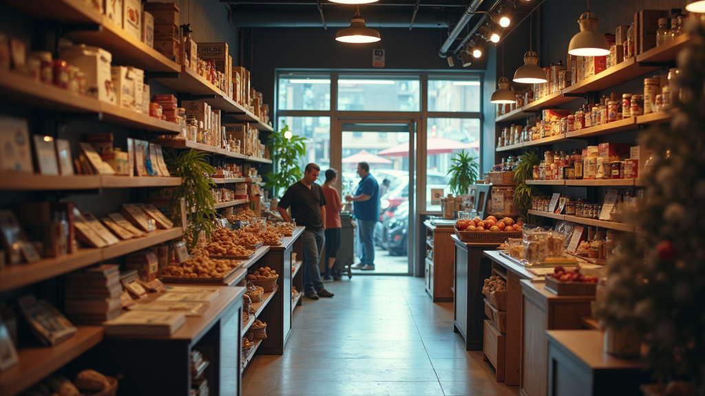 High angle view of a bustling independent retail store