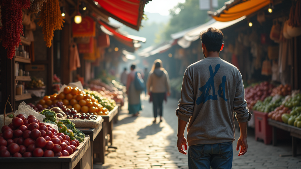 Eye-level view of a vibrant local marketplace