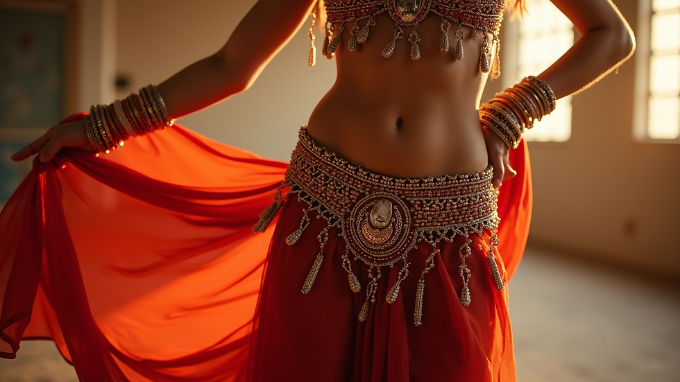 Eye-level view of a traditional Egyptian belly dance costume with intricate beadwork
