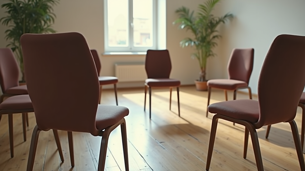 Close-up view of a circle of chairs prepared for a support group meeting