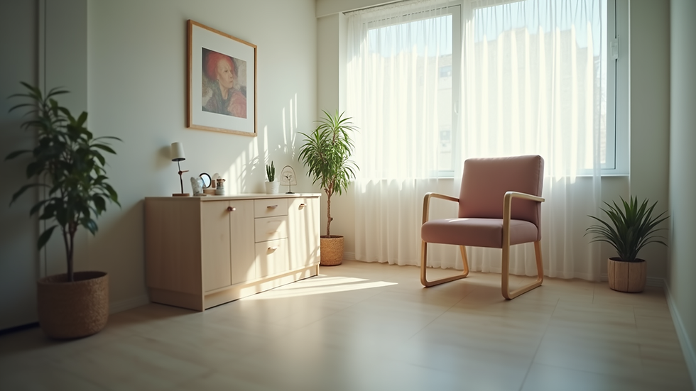 Eye-level view of a therapy room with a single chair and calm atmosphere