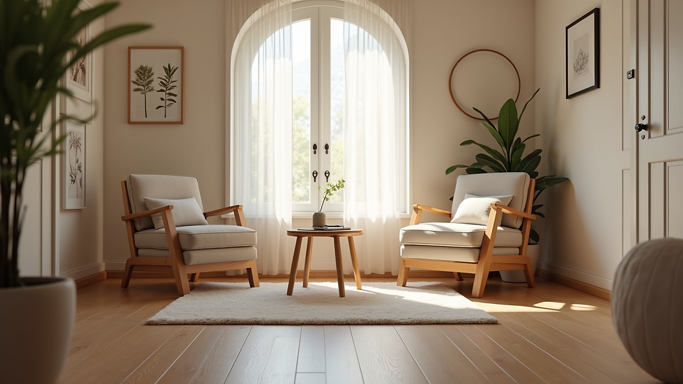 Eye-level view of a cozy therapy room with two chairs and a small table