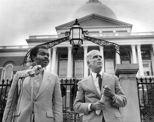 BOSTON, MA - JULY 1: Senator Bill Owens and Mayor Kevin White appear during a press conference outside the Massachusetts State House in Boston on Jul. 1, 1980. They urged Governor Edward J. King to sign a $30 million appropriation for construction of a new Roxbury Community College. (Photo by John Blanding/The Boston Globe via Getty Images)John Blanding/The Boston Globe via Getty Images